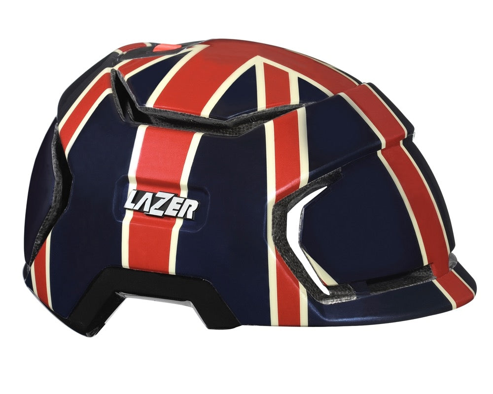 Cykelhjelm Lazer Krux i Union Jack-design, størrelse 53-57 cm, med sikkerhed og stil til cyklister.