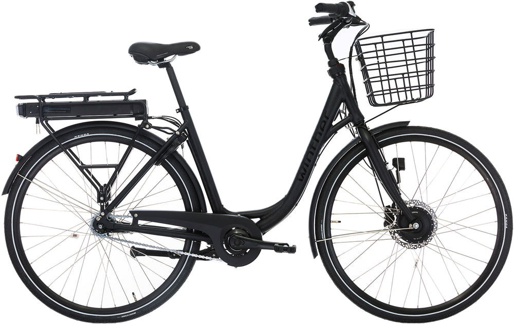 Mat sort Winther Superbe 1 damecykel med 26" hjul, designet til komfort og stil.