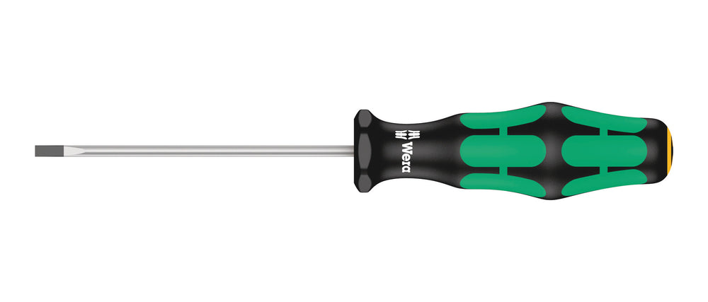 Skruetrækker lige kærv 0,4 mm. Flerkomponent kraftform greb. Elektrikerklinge (75 mm lang). Med sekskant rullesikring mod at rulle væk.