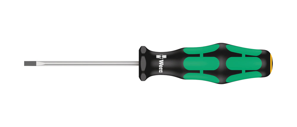 Skruetrækker lige kærv 0,4 mm. Flerkomponent kraftform greb. Elektrikerklinge (60 mm lang). Med sekskant rullesikring mod at rulle væk.