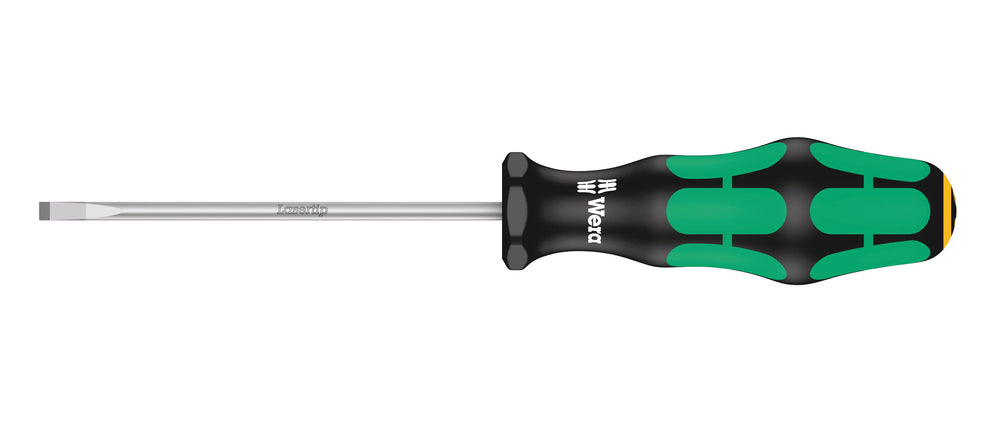 Skruetrækker lige kærv 0,8 mm. Flerkomponent kraftform greb. Elektrikerklinge (100 mm lang). Med sekskant rullesikring mod at rulle væk.