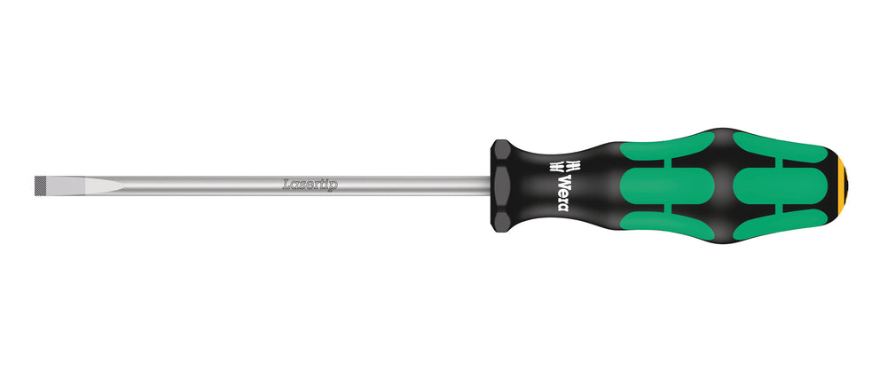 Skruetrækker lige kærv 0,4 mm. Flerkomponent kraftform greb. Elektrikerklinge (125 mm lang). Med sekskant rullesikring mod at rulle væk.