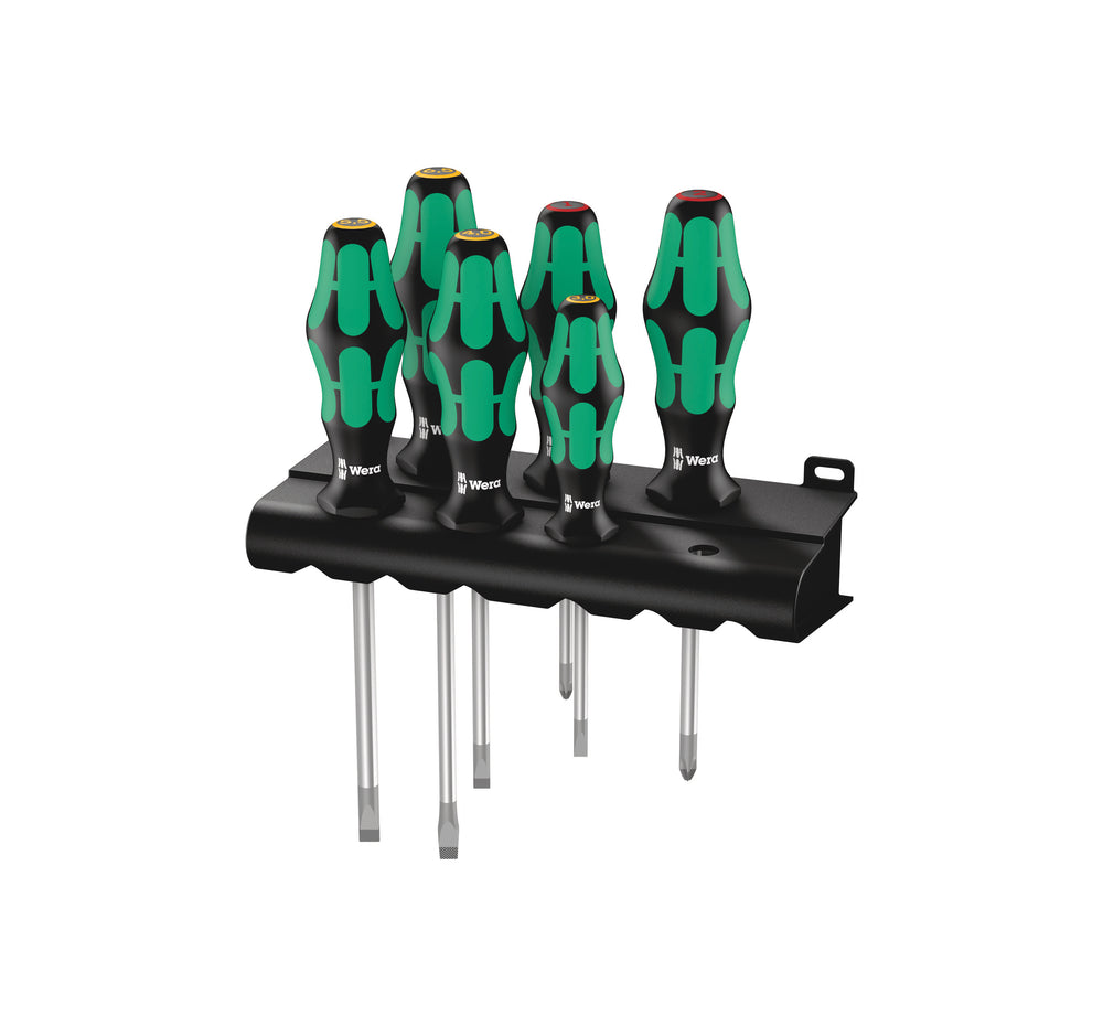 Skruetrækkersæt Wera 6 stk. inkl. en holder. 2 x krydskærvs (PH 1/ PH 2) og 4 x lige kærv. Med Lasertip-spids for mere greb i skruehovedet.
