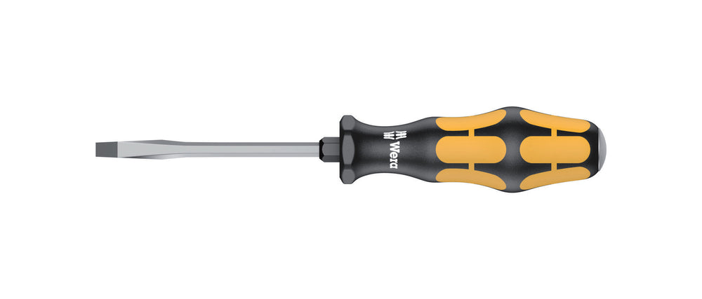 Skruetrækker lige kærv 0,8 mm. Flerkomponent kraftform greb. Sekskantet klinge (90 mm lang). Med slagkappe og sekskant til fastnøgle.