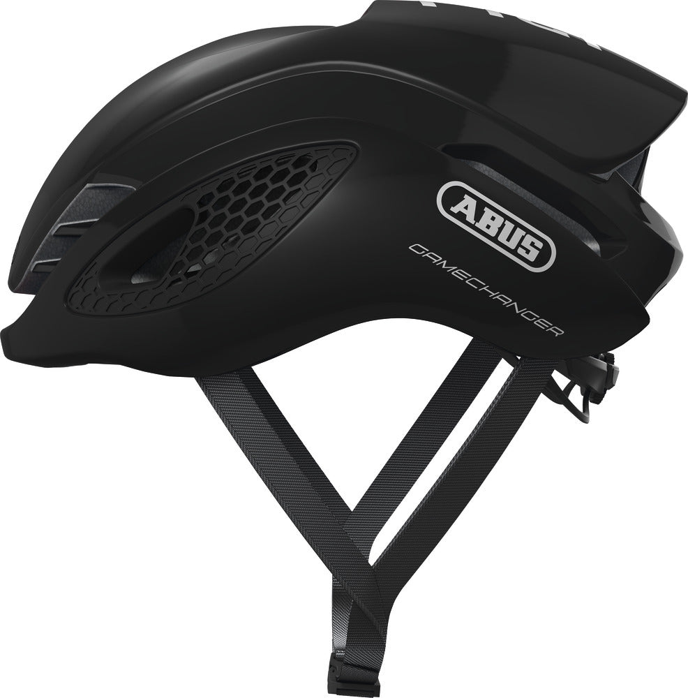 Cykelhjelm Abus Gamechanger i shiny black, set fra siden, med aerodynamisk design og justerbar pasform.