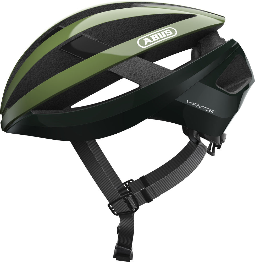Cykelhjelm Abus Viantor i farven Opal Green set fra siden, der viser hjelmens aerodynamiske design og ventilationsåbninger.