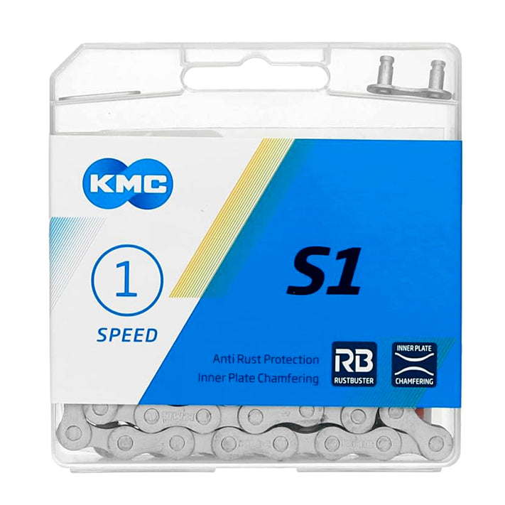 Kæde KMC S1 1/2"x1/8" i æske. Bred single speed, 112 led og bøsning. Vægt 350 g. Kæden er med RUST BUSTER (rustbeskyttelse).