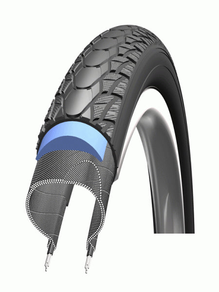 Billede af Schwalbe Marathon+ Smartguard dæk i størrelsen 700x38c (40-622) med sort overflade og karakteristisk mønster, designet til at give optimal beskyttelse og komfort på cykelture.