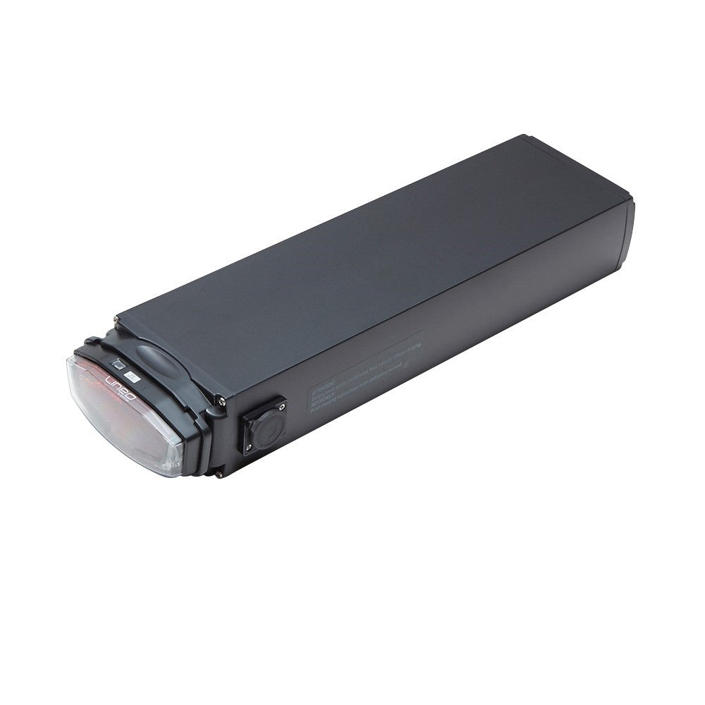 Batteri Promovec 10,4 AH til elcykler fra Raleigh, MBK, Centurion, Winther og Nishiki, viser en sort batteripakke med tydelig mærkning og forbindelser.