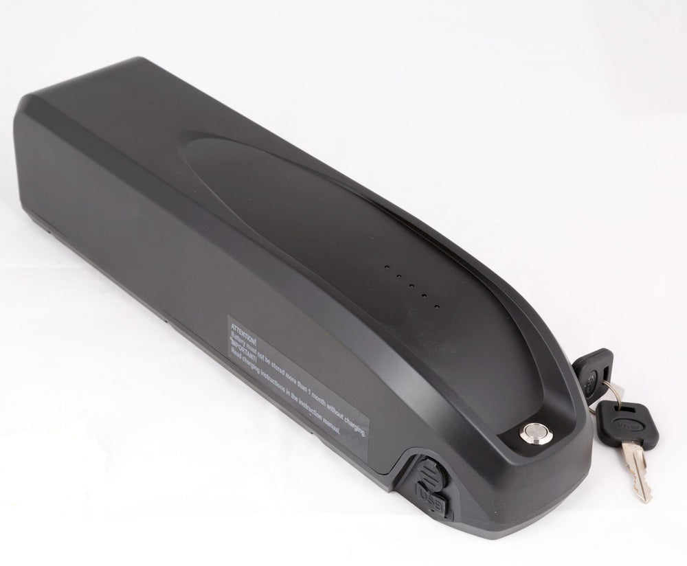 Batteri til elcykler, 10,4 AH, designet til downtube montering, inklusive oplader.