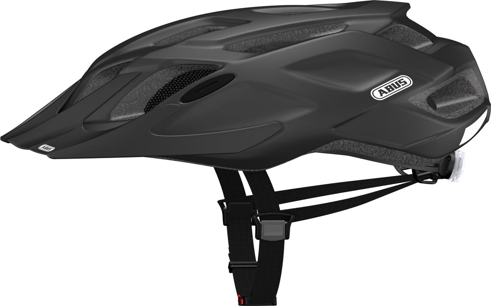 Cykelhjelm Abus MountX i farven Velvet Black, der viser et stilrent design med justerbar pasform og ventilationshuller for optimal komfort og sikkerhed.