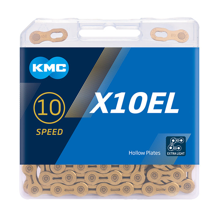 Kæde (gold) fra KMC model X10EL, 114 led. 10 speed Exttra Light (XL), vægt 253 g. Ti-N Titanium Nitride coating, ultra glat overflade.