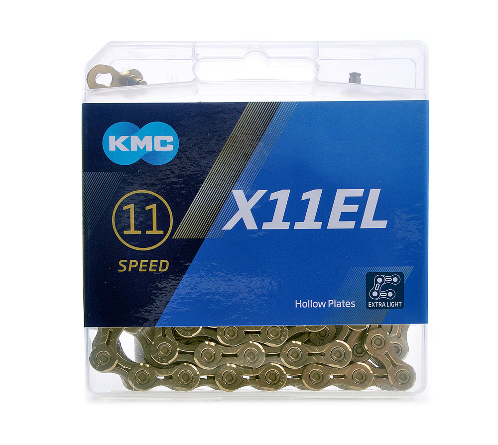 Kæde (gold) fra KMC model X11EL, 118 led. 11 speed Extra Light (XL), vægt 242 g. Ti-N Titanium Nitride coating, ultra glat overflade