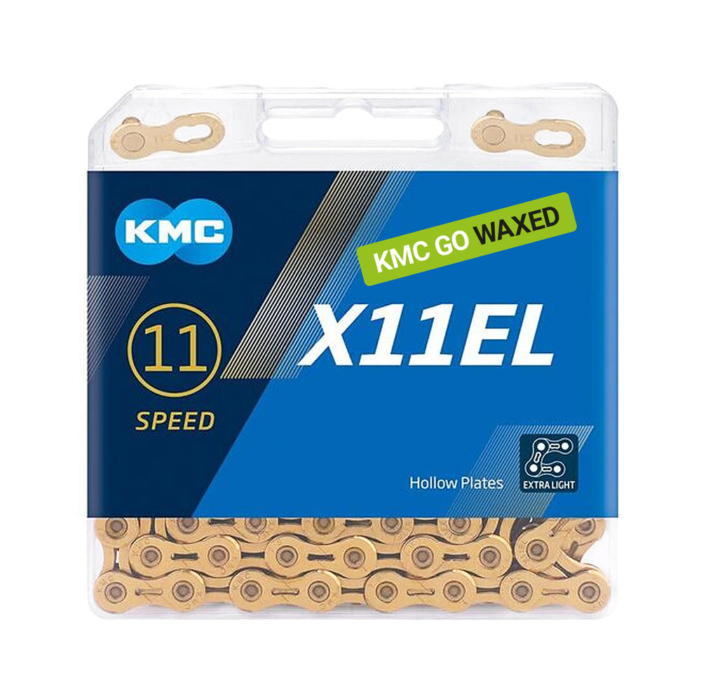 Kæde fra KMC model X11EL (gold), 118 led. 11-speed Extra Light (XL), vægt 242 g. Ti-N Titanium Nitride coating, Waxed.