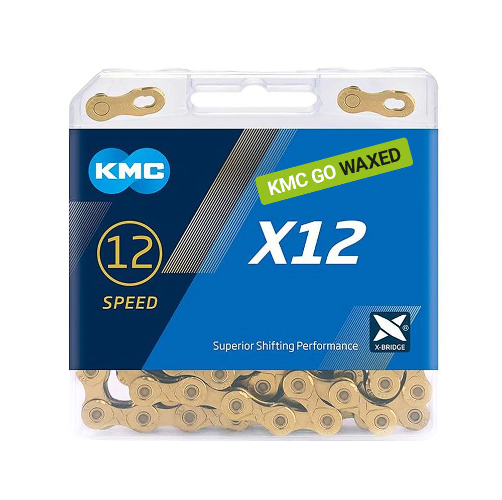 Kæde KMC X12 Ti-N (gold) 12-speed, 126 led Titanium-nitide, waxed, vægt: 307 g leveres i æske.