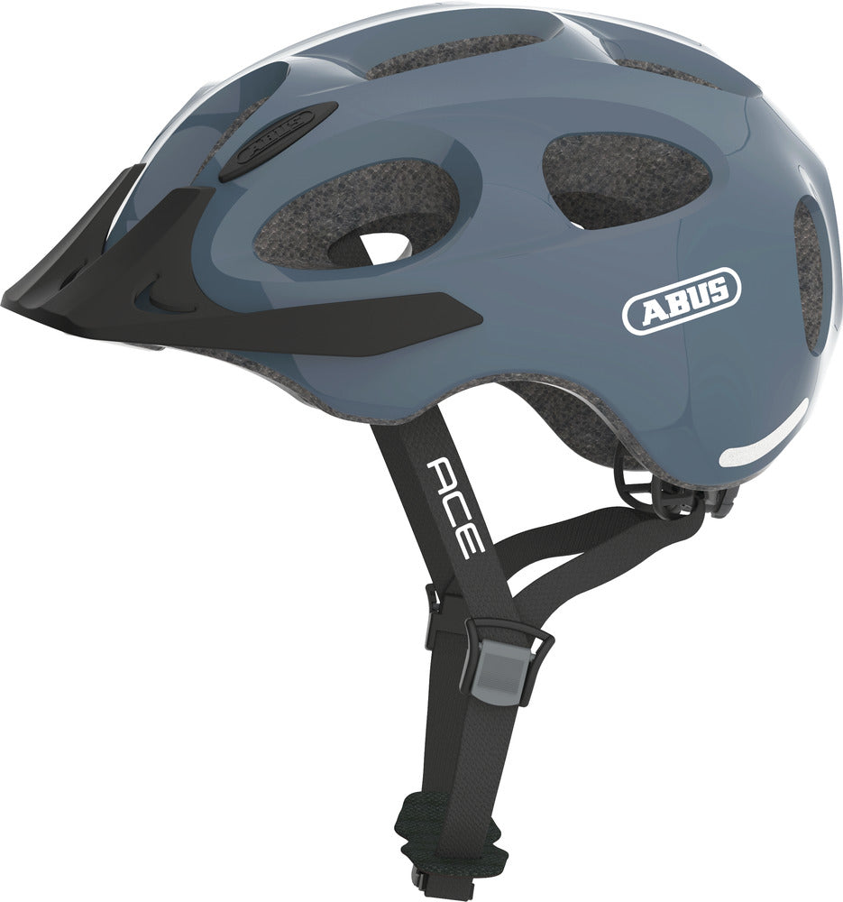 Cykelhjelm Abus Youn-I ACE i farven Glacier Blue set fra siden, der viser det aerodynamiske design og justerbare funktioner.