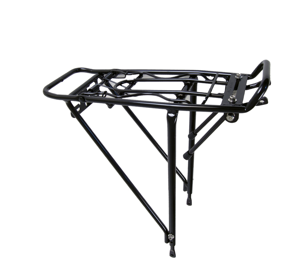 Bagagebærer Rubis i sort aluminium til 26" og 700c cykler, med klapfunktion for nem opbevaring og transport.