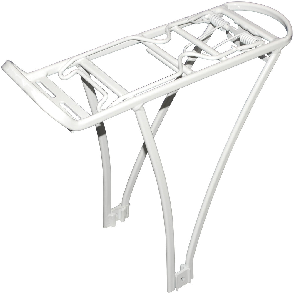 Bagagebærer i hvid aluminium til cykler med 26" og 700c hjul, med klapfunktion.