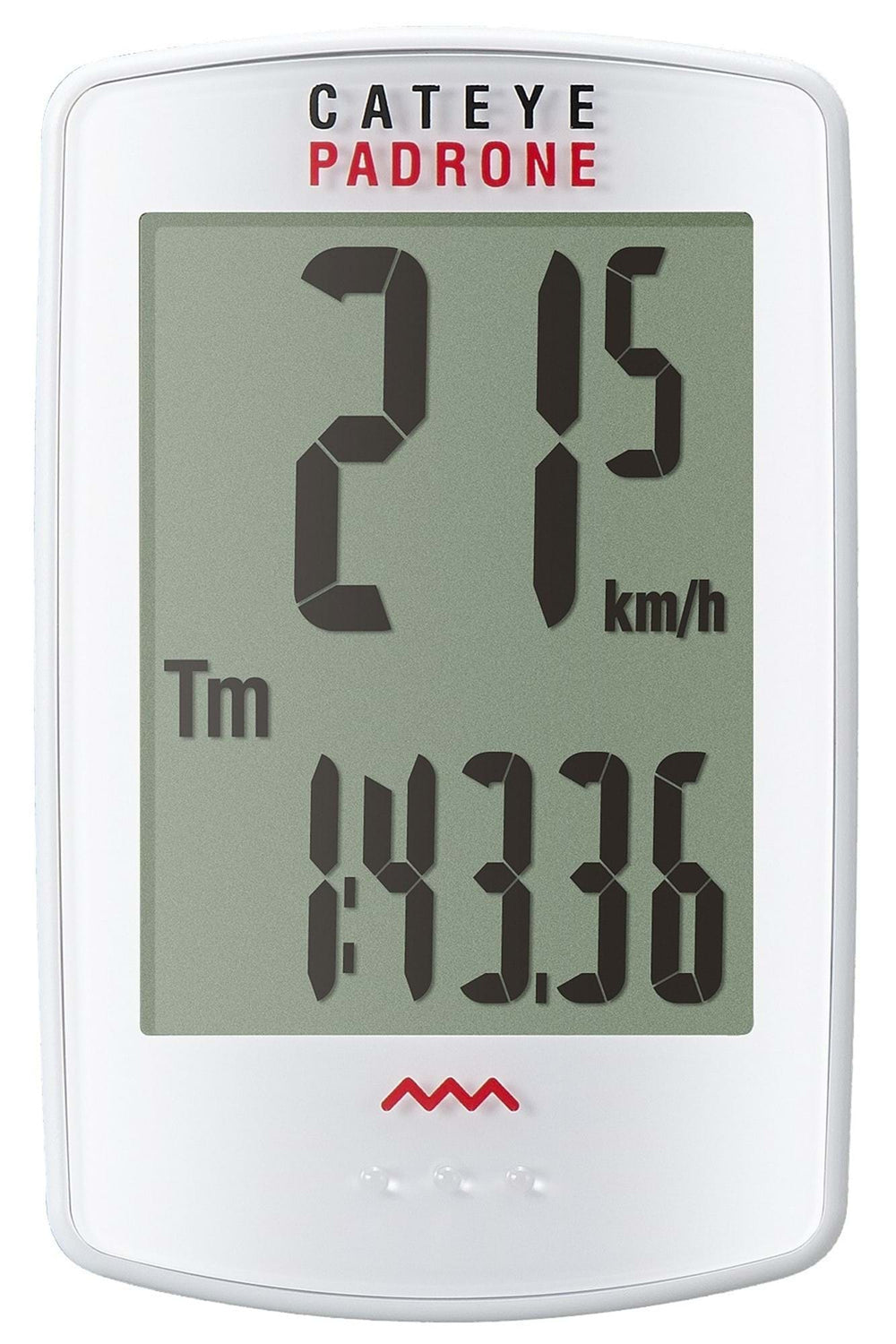 Trådløs Cateye Padrone 7 cykelcomputer med ekstra stort hvidt display, model CC-PA100W, viser hastighed, distance og tid.