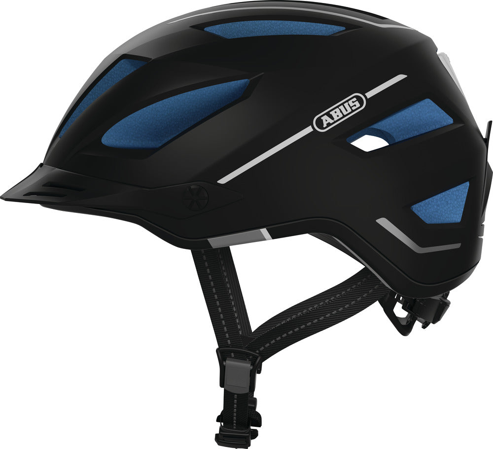 El-Cykelhjelm Abus Pedelec 2.0 i farven Motion Black S, set fra siden, med fokus på det aerodynamiske design og ventilationssystem.