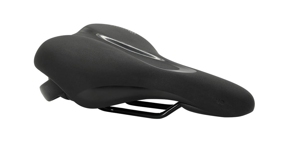 Sadel (unisex) fra Selle Royal model Rio. 60° kørestilling. Sadlen har et bærehåndtag og Unitech betræk (slidstærkt og vandtæt).