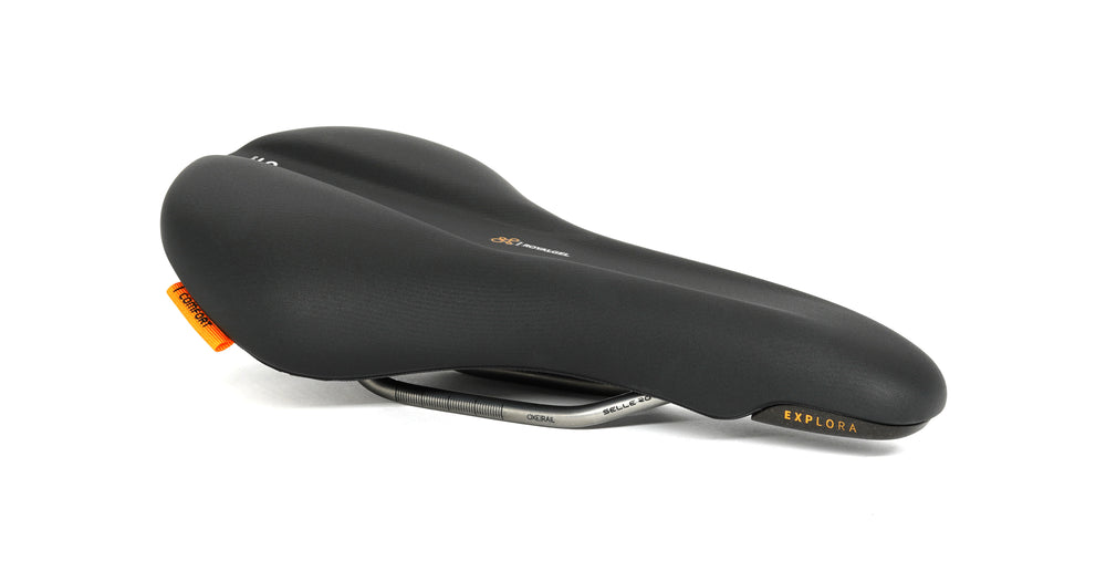 Sadel (unisex) fra Selle Royal model Explora. 45° kørestilling, Royal Gel, RVL tech, Durango Cover (100 % vandtæt), ergonomisk kanal m.m.