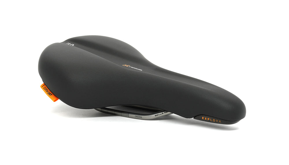Sadel (unisex) fra Selle Royal model Explora. 60° kørestilling, Royal Gel, RVL tech, Durango Cover (100 % vandtæt), ergonomisk kanal m.m.