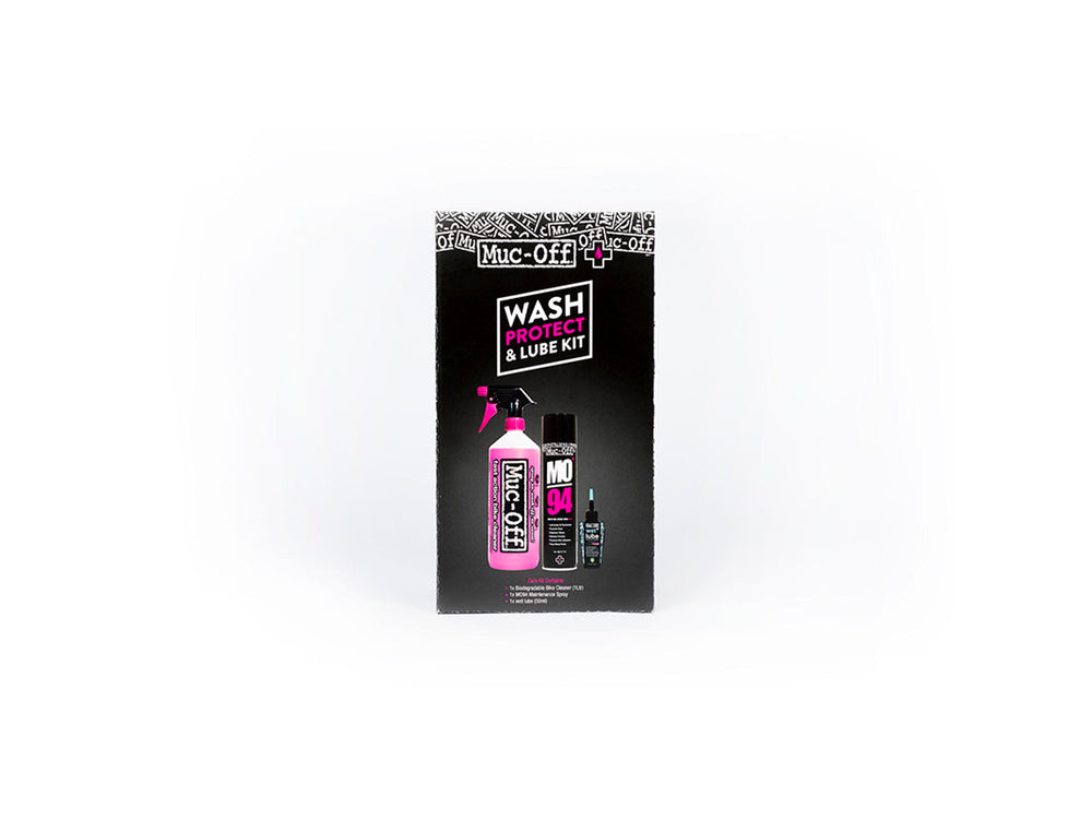 Sættet indeholder Mucoff Wash, Protect og Wet Lube til effektiv rengøring, beskyttelse og smøring af cykler.