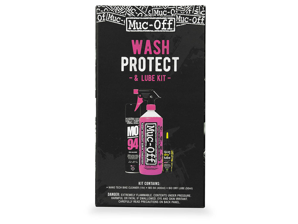 Billede af Mucoff Wash, Protect and Dry Lube Kit, der inkluderer rengøringsmiddel, beskyttelse og smøremiddel til cykler.