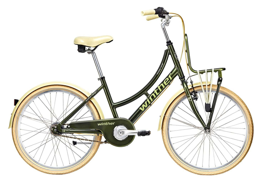 Billede af Winther 250 Cargo 7 Gear Fodbremse 24" i grøn farve fra 2018, der viser cyklen fra siden med en stor lastkasse og fodbremse.