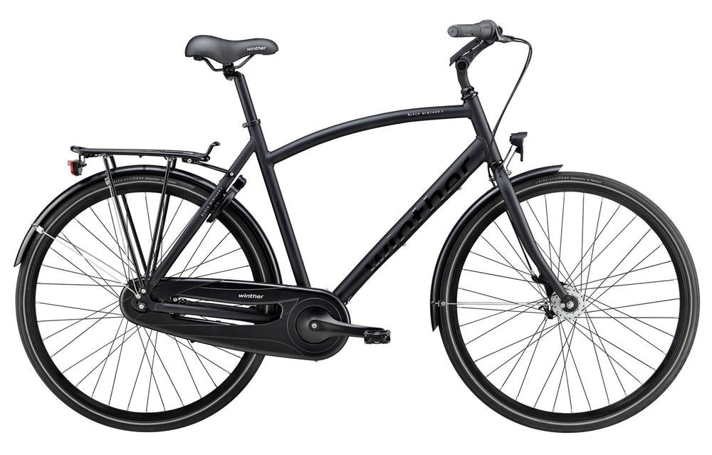 Herrecykel Winther Black 5 i sandblæst sort finish, designet til komfortabel kørsel med stil.