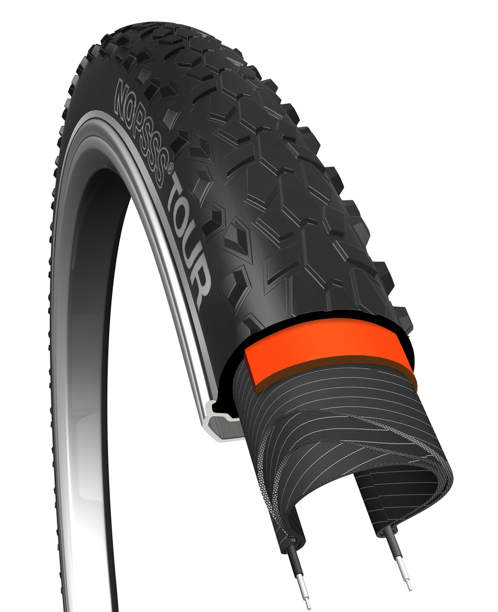 Dæk 26x1,75 NoPssss Tour Bikepartner (sort) med refleks, 5 mm dækindlæg, 60TPI. ETRTO 47-559.