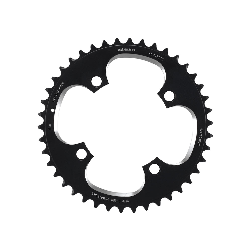 BBB RoundAbout klinge 42T til triple kranksæt. 9-10 speed, ø104, 4 hul, vægt: 86 g, CNC fræset 7075 T6 aluminium.