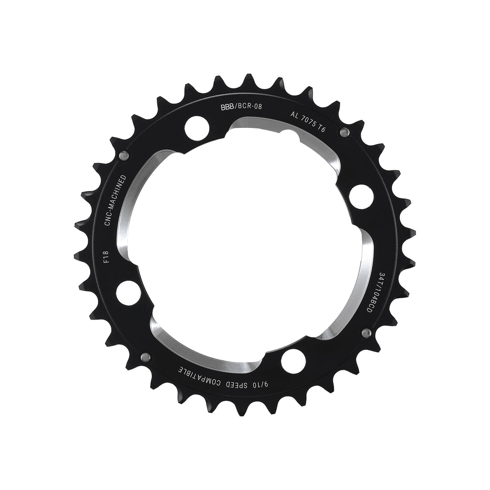 BBB RoundAbout klinge 34T til triple kranksæt, med specielle skiftenipler. 9-10 speed, ø104, 4 hul, vægt: 63 g. CNC fræset 7075 T6 aluminium
