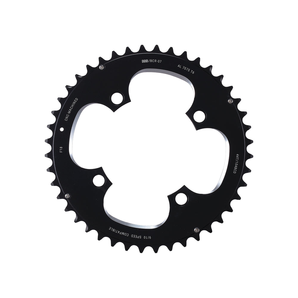 BBB RoundAbout klinge 44T, med specielle skiftenitter. Til triple kranksæt 9-10 speed, ø104 , 4 hul, vægt: 105. CNC fræset 7075 T6 aluminium.
