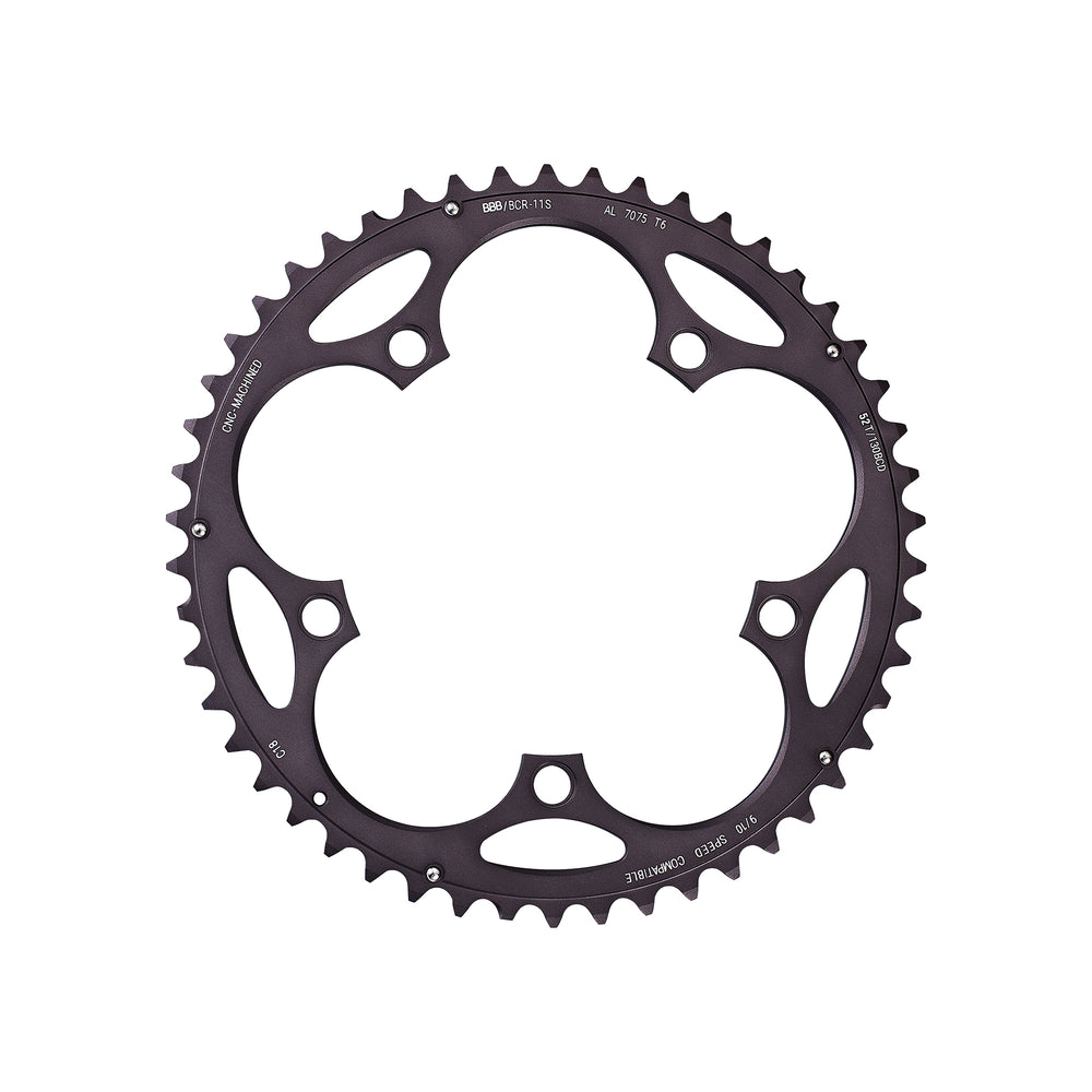 BBB RoadGear klinge 52T til double kranksæt (grå). 9-10 speed, ø130, 5 hul, vægt: 150 g. CNC fræset i 7075 T6 aluminium.