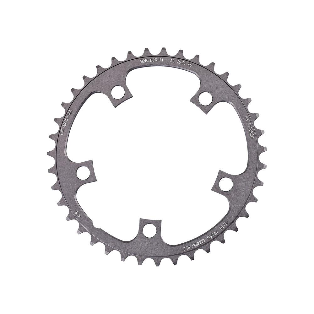 BBB CompactGear klinge 42T til Compact kranksæt. (grå). 9-10 speed, ø110, 5 hul, vægt: 55 g. CNC fræset i 7075 T6 aluminium.