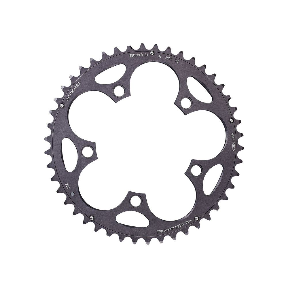 BBB CompactGear klinge 46T til Compact kranksæt (grå). 9-10 speed, ø110, 5 hul, vægt: 90 g, CNC fræset i 7075 T6 aluminium