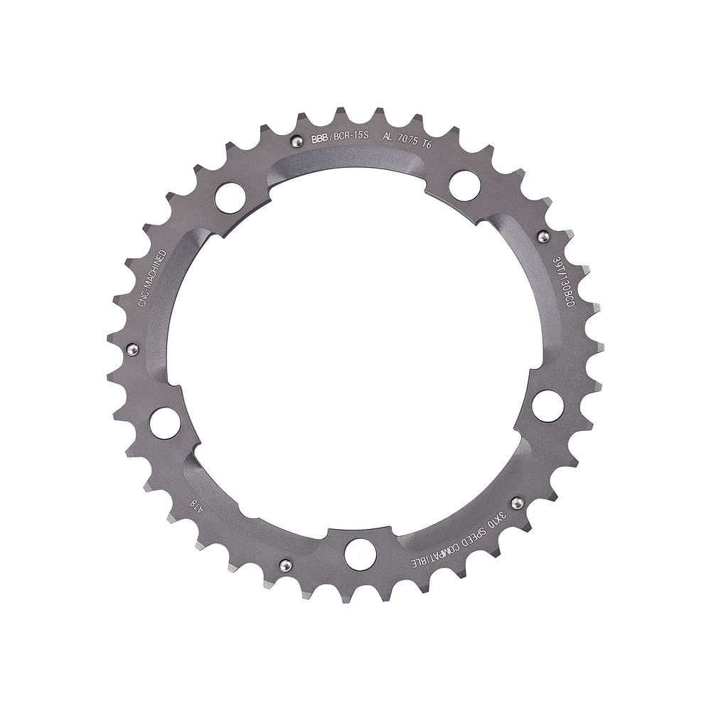 BBB TripleGear klinge 39T til triple kranksæt (grå). 10 speed, ø130, 5 hul, vægt: 55 g, CNC fræset i 7075 T6 aluminium