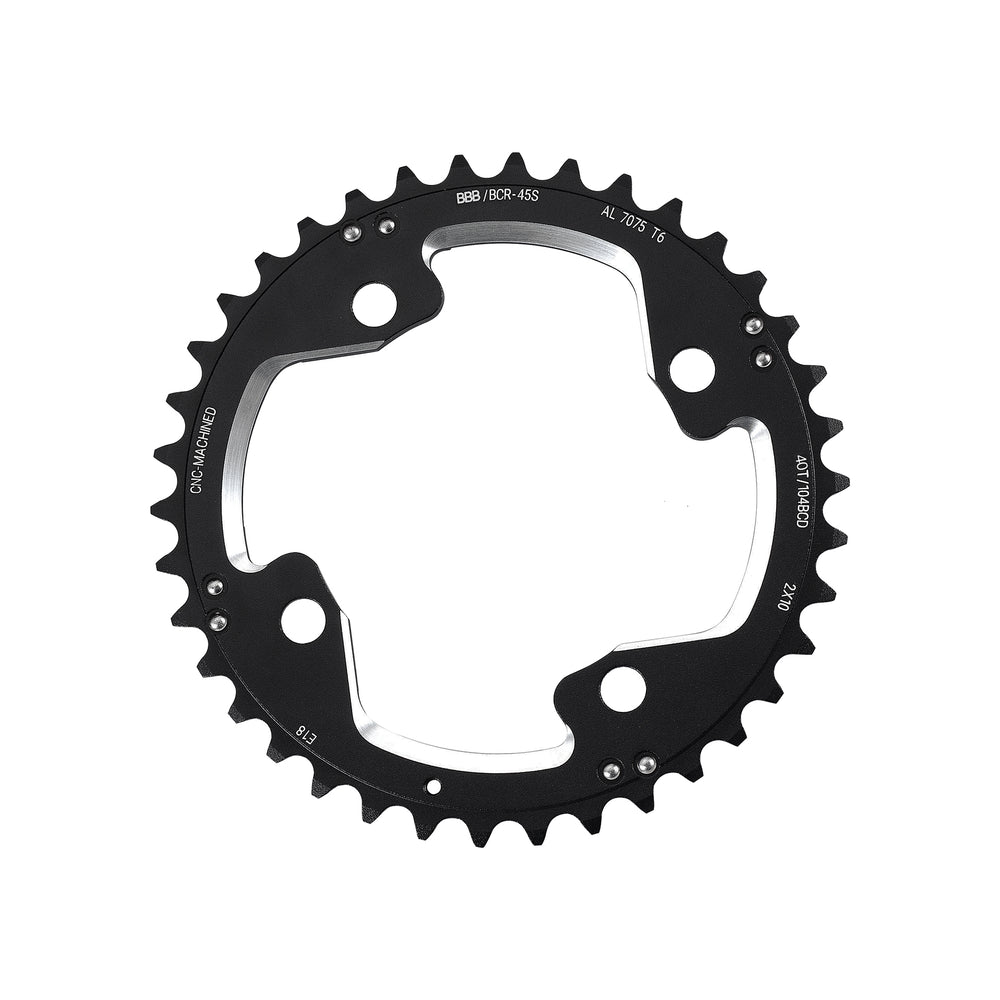 BBB MTBGear klinge 40T til double kranksæt. 10 speed, ø104, 4 hul, vægt: 85 g. CNC fræset i 7075 T6 aluminium.