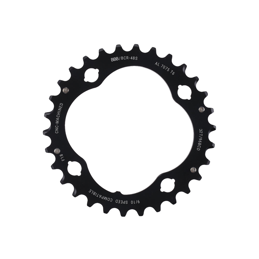 BBB MTBGear klinge 32T til triple kranksæt. 9-10 speed, ø96, 4 hul, vægt: 48 g. CNC fræset i 7075 T6 aluminium.