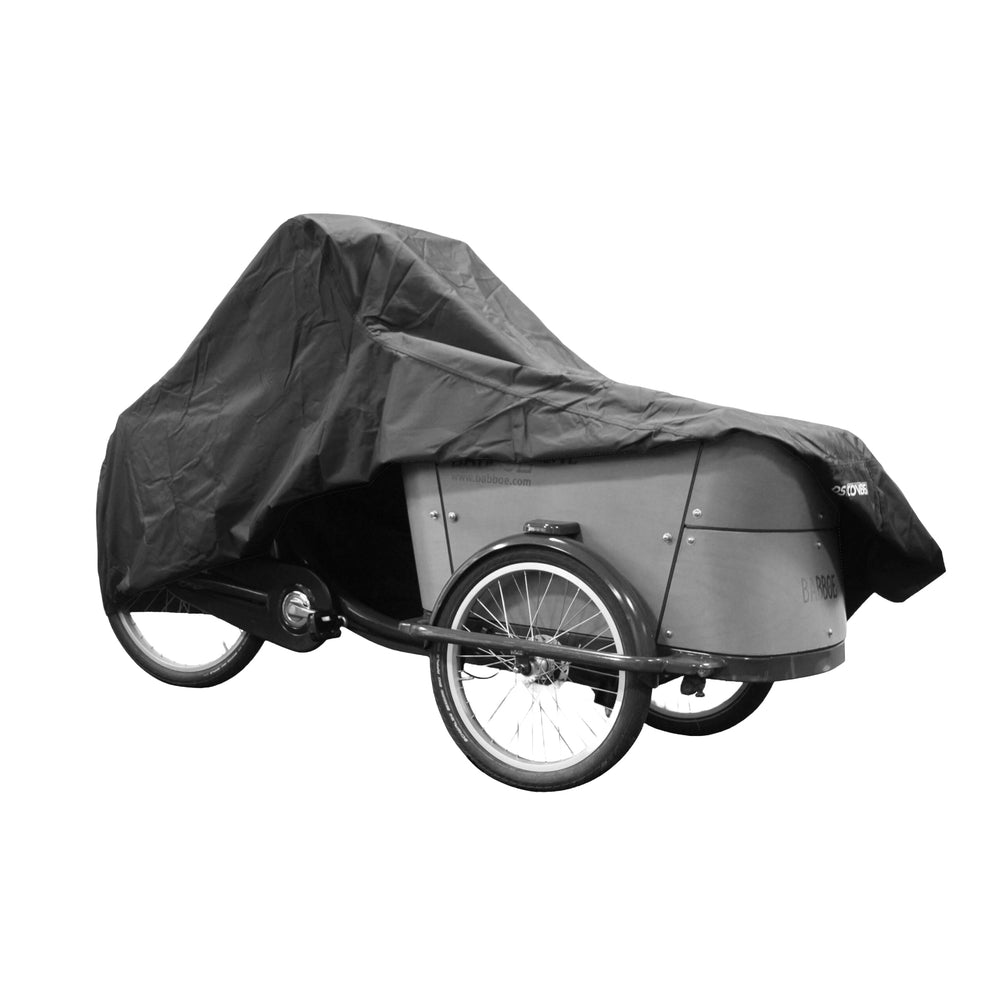 Cykelovertræk til 3-hjulet ladcykler uden kaleche. Vandtæt, dobbelt syede sømme med anti-water tape. Materiale: 300D polyester. Farve: Sort
