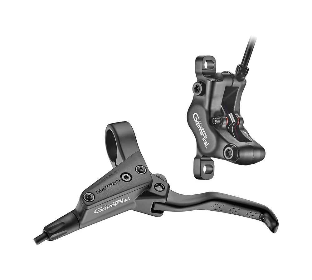 Hydraulisk bremsesæt fra Tektro til 2,3 mm rotor. Gemini 4 Piston EZ add, Ø5x1900mm bremseslange Venstre greb (2-finger) med reach.