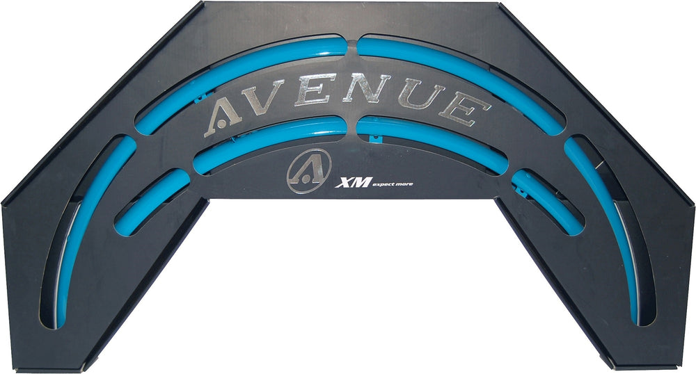 Skærmsæt Avenue TrendBlue Shiny 35mm alu med dobbeltstivere, vist fra siden med fokus på det glinsende aluminium og de robuste stivere.