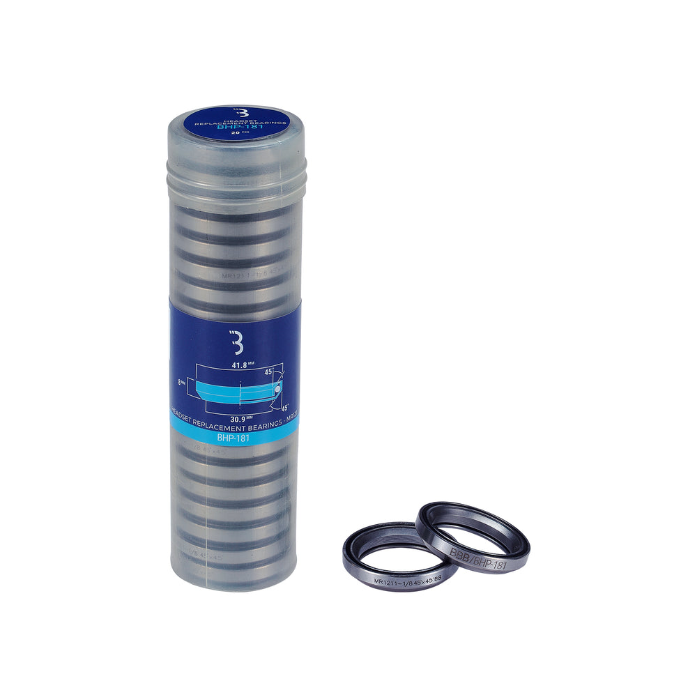 BBB forseglede CrMo lejer til headset 1.1/8". Lejediameter: 1,1/8" - 41,8 x 8 mm. 45ºx45º. MR121 Leveres i rør med 10 sæt (2 x 10 stk.). Vægt: 21 g