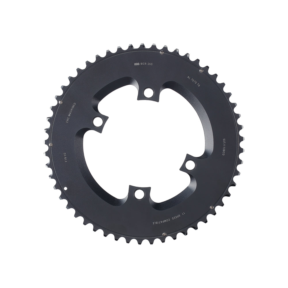 BBB ElevenGear klinge 53T til double kranksæt, inkl. ShimStars. 11 speed, ø110, 4 hul, vægt: 186 g. CNC fræset i 7075 T6 aluminium.