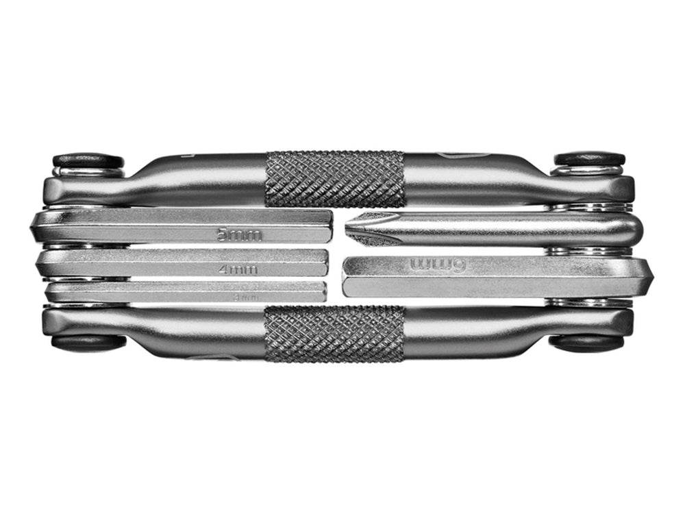 Multifunktionelt værktøj Crankbrothers M5 med seks funktioner, herunder skruetrækker og kædebrækker, designet til cyklister.