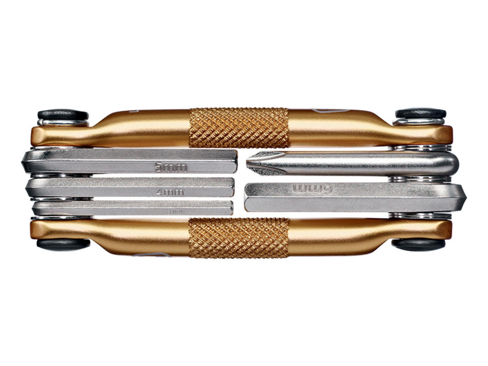Billede af Crankbrothers M5 multiværktøj i rustfrit stål, der viser de forskellige værktøjer og funktioner. Ideelt til cykelreparationer på farten.