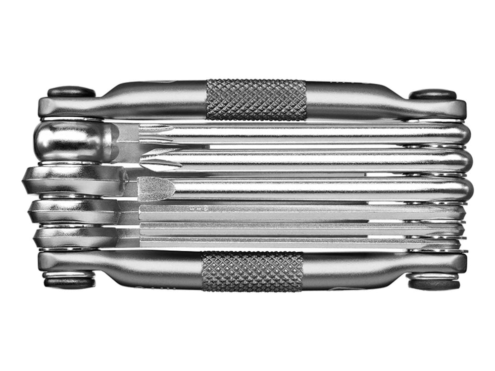 Crankbrothers M10 multi-tool med 10 funktioner, inklusive skruetrækkere og unbrakonøgler, i kompakt design, perfekt til cykelreparationer på farten.
