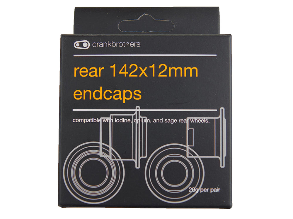 Billede af Crankbrothers Endcaps til baghjul, 142x12, der viser de to endcaps i sort, designet til at sikre stabil montering af baghjulet på cykler.